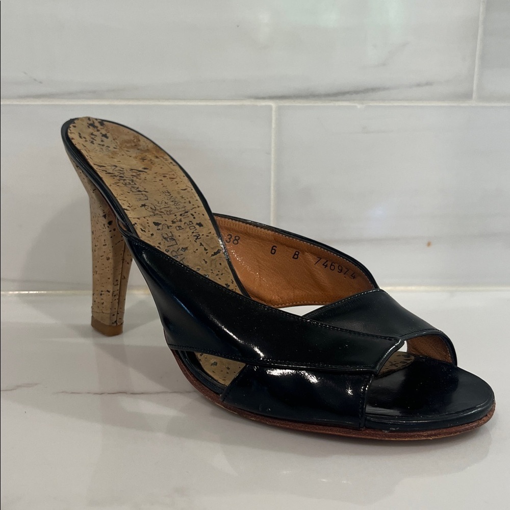 Charles Jourdan Vintage Black Patent Leather Cork Heels Sandals Mules - Picture 2 of 11